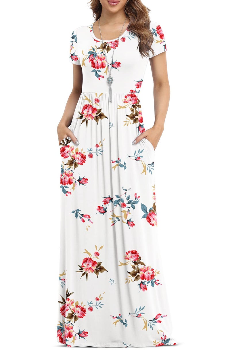 VIISHOW Women's Short Sleeve Floral Dress Loose Plain Maxi Dresses Casual Long Dresses with Pockets(Floral White Small) - Image 1